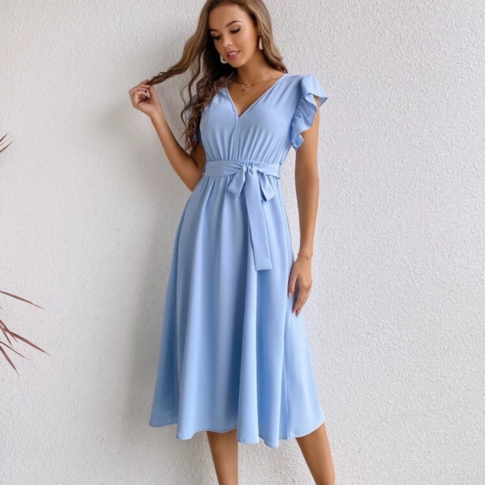 Ruffle Armhole Belted Dress